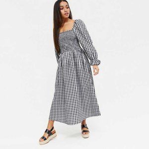 New Look Black Gingham Shirred Puff Sleeve Midi Dress NWT